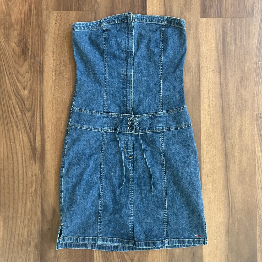 Y2K Denim Strapless Dress with Lace Up Detail